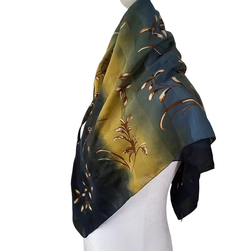 Symphony Scarfs Vintage Floral‎ Square Scarf Italy Navy Yellow Striped Botanical